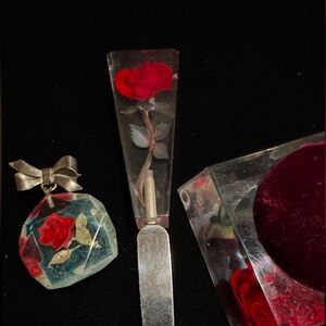 🌹 Vintage 1950s Reverse Carved Lucite Rose Set Letter Opener, Pendant Pincushion